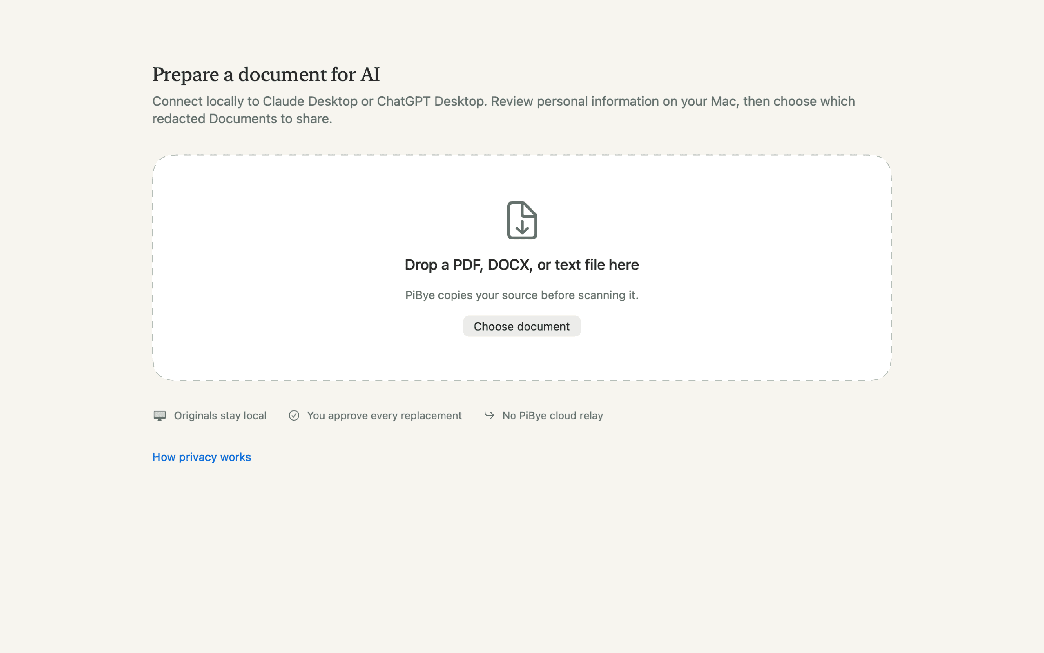 PiBye import screen with a document dropped in