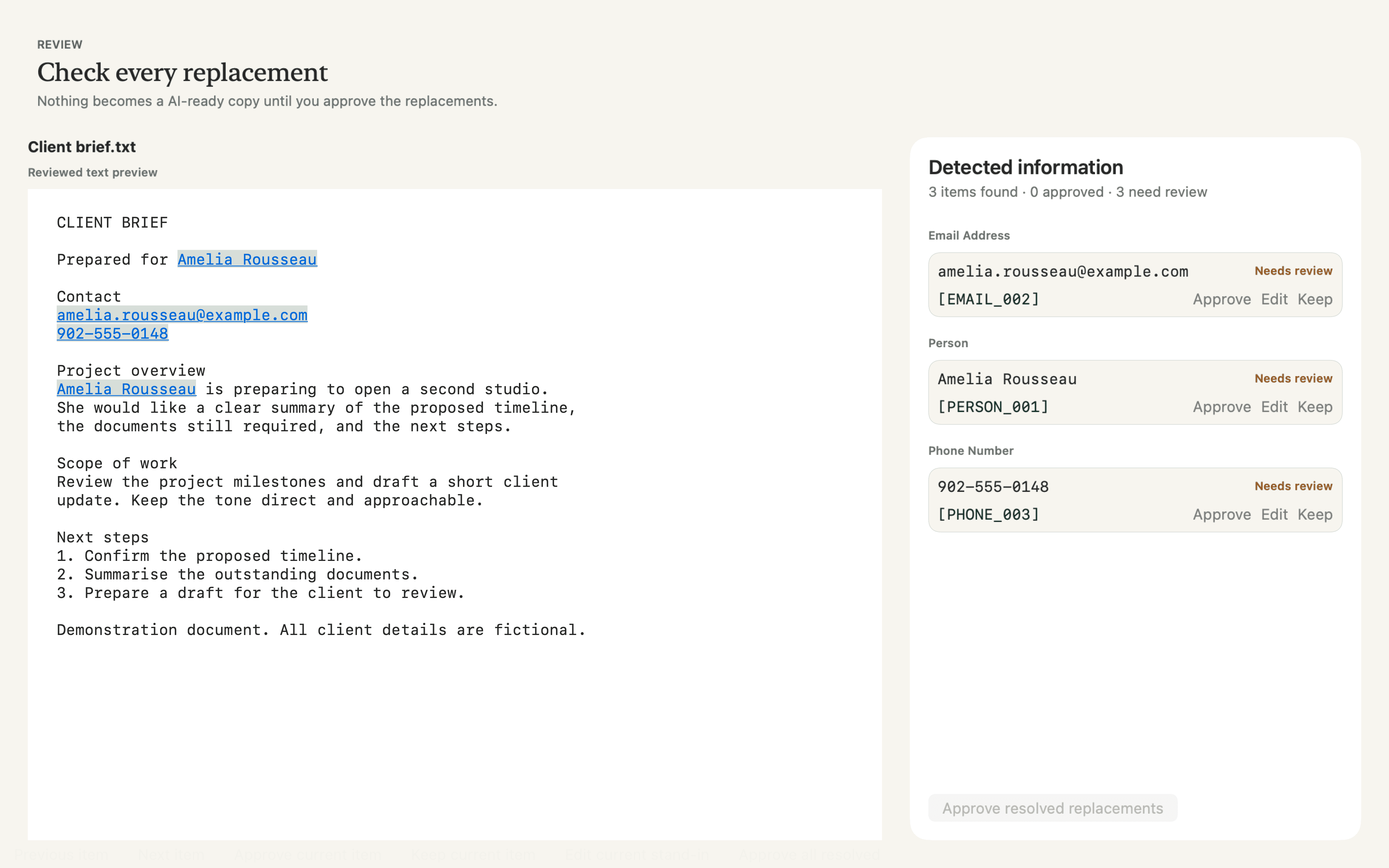 PiBye review screen listing detected details with Approve, Edit and Keep
